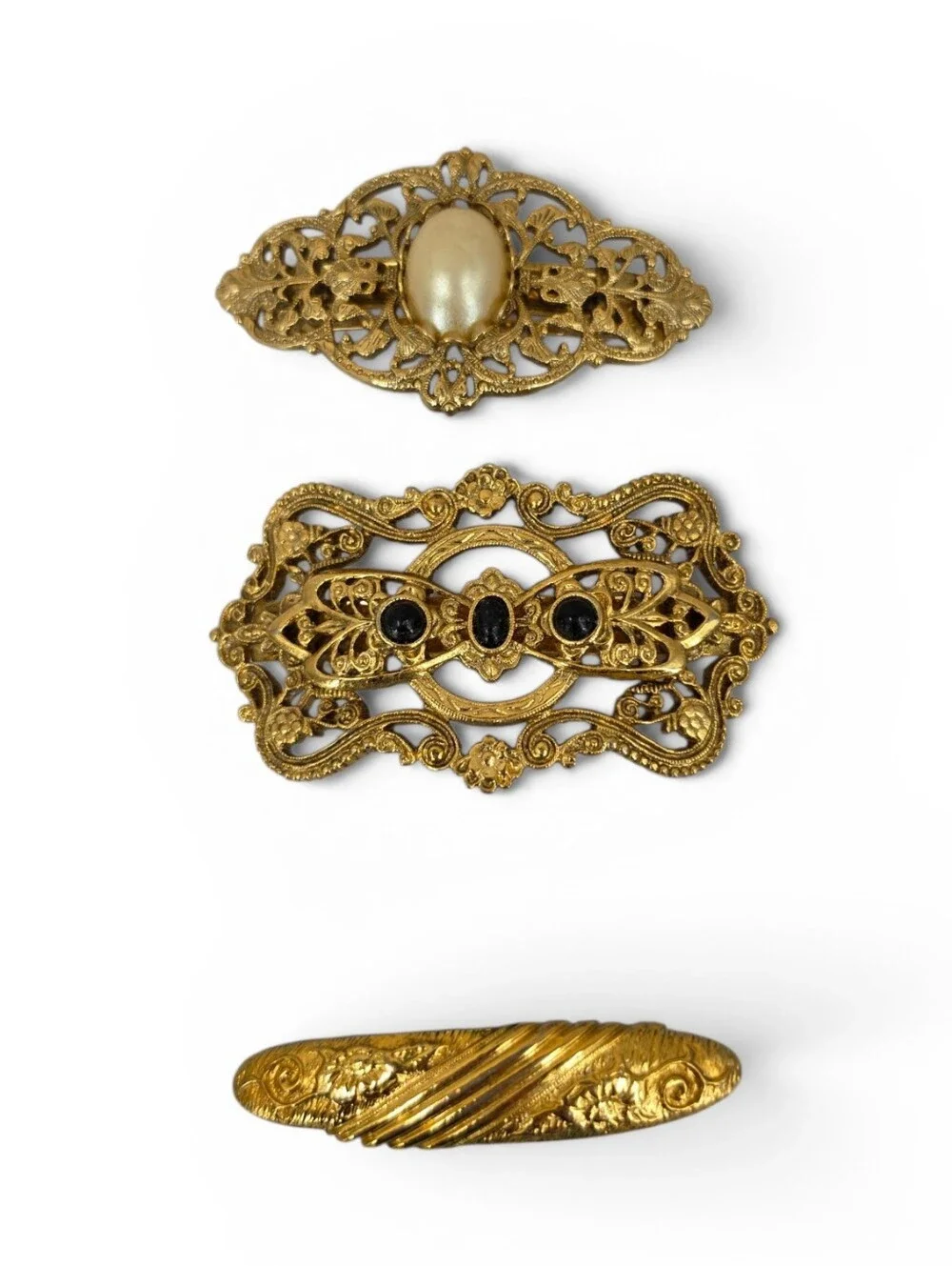 Vintage French Hair Barrettes Gold-Tone Vintage Floral Filigree Pearl Accent